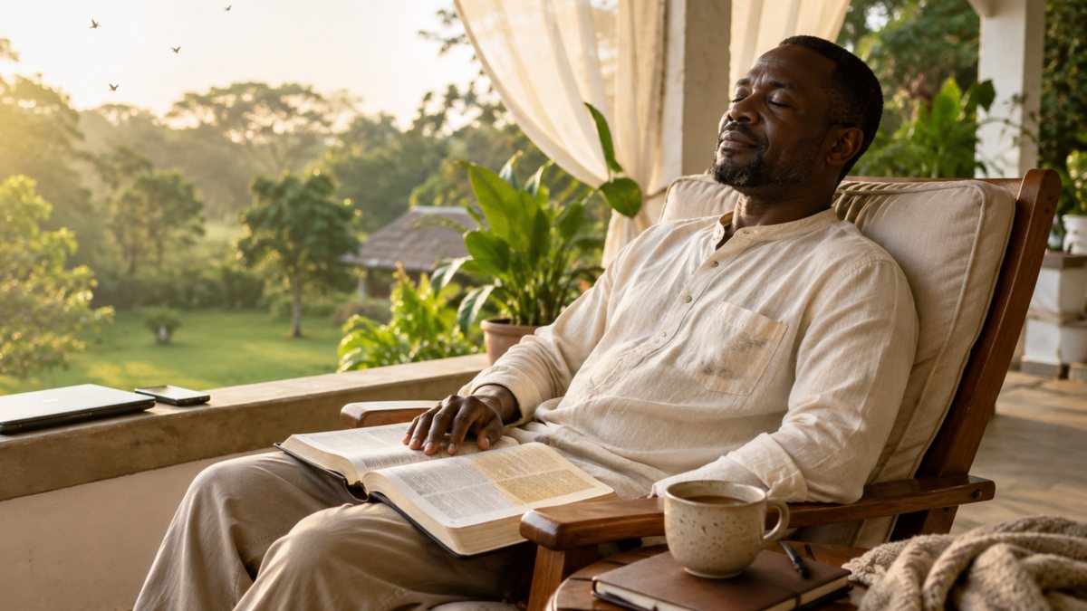 Christian man practicing biblical rest with an open Bible
